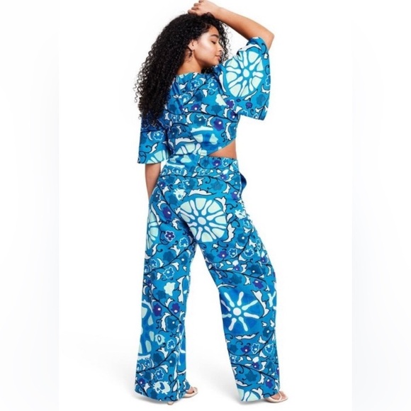 RHODE Blue Floral Linen blend wide leg  flutter sleeve Jumpsuit size S - Picture 2 of 13